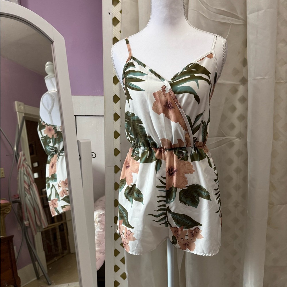 SHEIN White Tropical Wrap Romper with Peach Floral Print